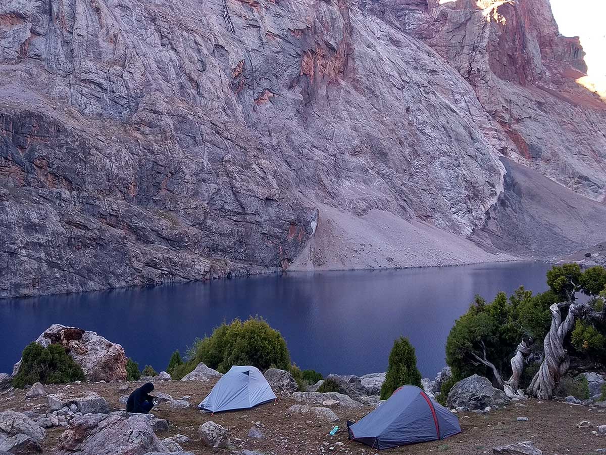 Two tents on the shore of Bolshoi Allo Lake