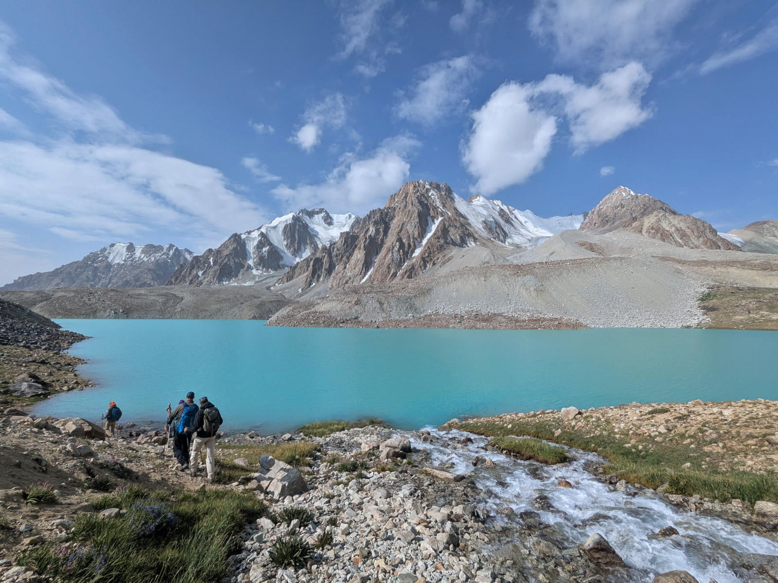 A group of hikers walking along Tsaxinkul Lake in the Pamirs