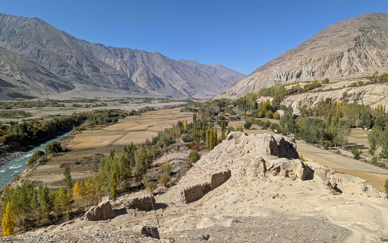 Ancient walls of the Kahkaha Fortress in the Wakhan Valley in the Pamir Mountains