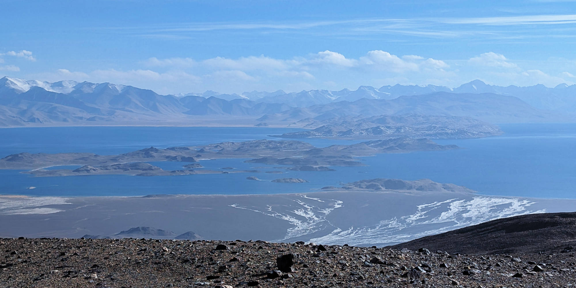 High viewpoint on Karakul Lake dotted with many small islands