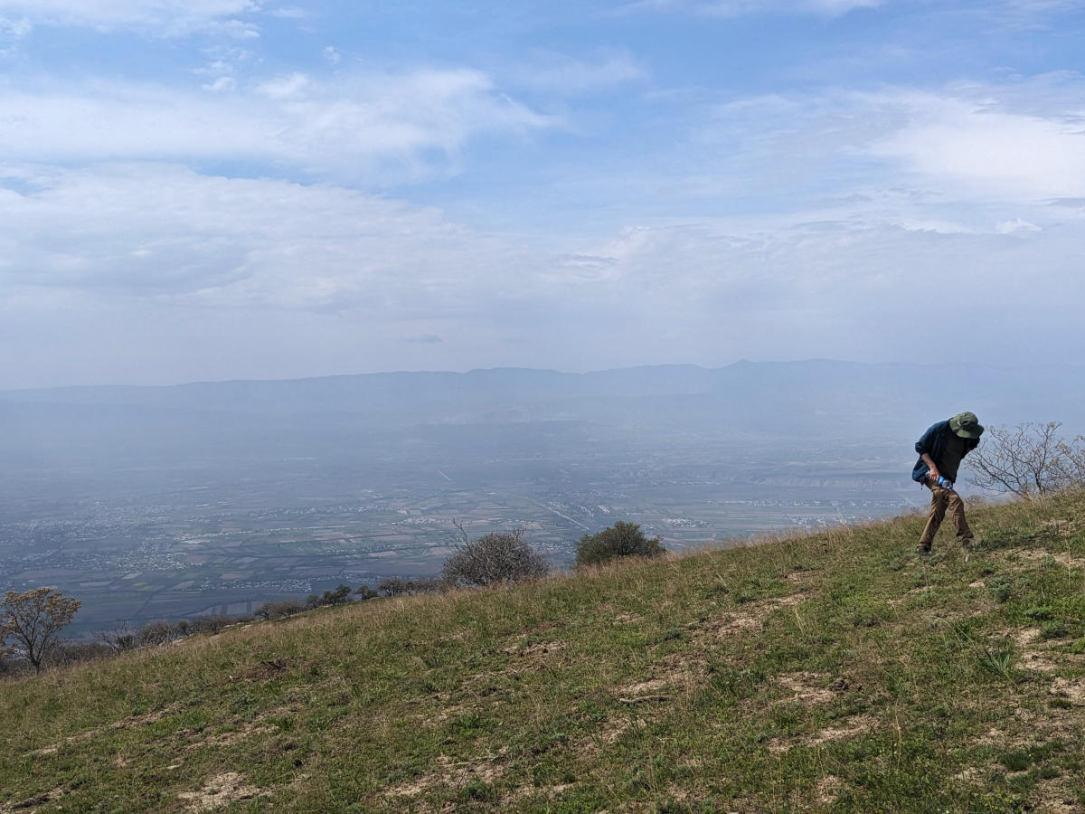 Man hiking up a grassy slope with a view over the Tajik lowlands in the back