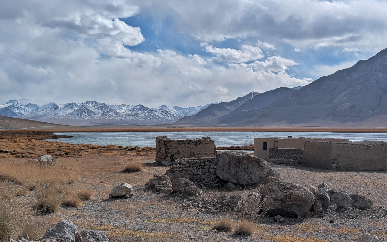 Shepherd houses on the shore of Kyzyl-Kurum Lake near the village of Shaimok