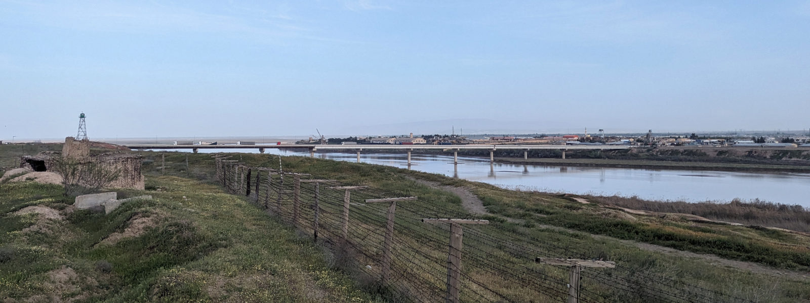 View of the Tajikistan-Afghanistan bridge across the Panj River connecting Panji Poyon to Shir Khan Bandar